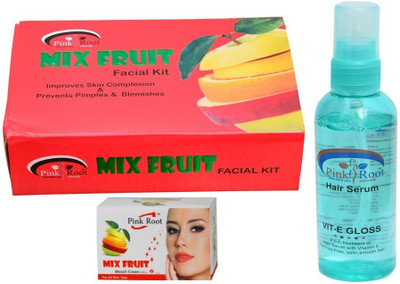 

Pink Root Mix Fruit Facial Kit, Mix Fruit Bleach Cream, Hair Serum(Set of 3)