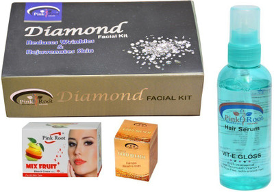

Pink Root Diamond Facial Kit, Mix Fruit, Gold Bleach, Hair Serum(Set of 4)