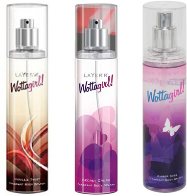 

LAYERR WOTTAGIRL AMBER KISS FRAGRANT BODY SPLASH + WOTTAGIRL SECRET CRUSH FRAGRANT BODY SPLASH + WOTTAGIRL VANILLA TWIST FRAGRANT BODY SPLASH Body Spray - For Women(135 ml, Pack of 3)