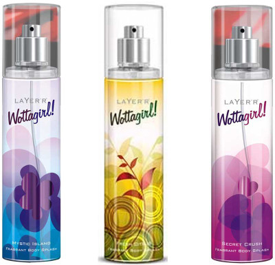 

LAYERR WOTTAGIRL SECRET CRUSH FRAGRANT BODY SPLASH + WOTTAGIRL FRESH CITRUS FRAGRANT BODY SPLASH + WOTTAGIRL MYSTIC ISLAND FRAGRANT BODY SPLASH Body Spray - For Women(135 ml, Pack of 3)