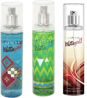 

LAYERR WOTTAGIRL VANILLA TWIST FRAGRANT BODY SPLASH + WOTTAGIRL SPELL BOUND FRAGRANT BODY SPLASH + WOTTAGIRL PURE PARADISE FRAGRANT BODY SPLASH Body Spray - For Women(135 ml)