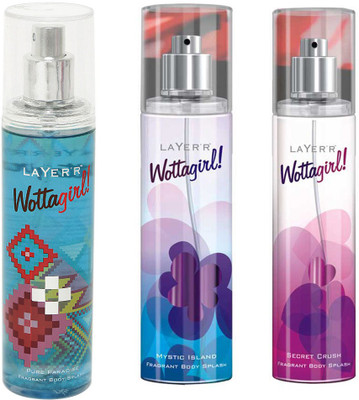 

LAYERR WOTTAGIRL SECRET CRUSH FRAGRANT BODY SPLASH + WOTTAGIRL MYSTIC ISLAND FRAGRANT BODY SPLASH + WOTTAGIRL PURE PARADISE FRAGRANT BODY SPLASH Body Spray - For Men & Women(135 ml, Pack of 3)