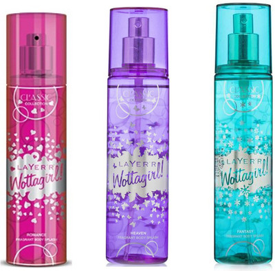 

LAYERR WOTTAGIRL ROMANCE FRAGRANT BODY SPLASH + WOTTAGIRL FANTASY FRAGRANT BODY SPLASH + WOTTAGIRL HEAVEN FRAGRANT BODY SPLASH Body Spray - For Women(135 ml, Pack of 3)