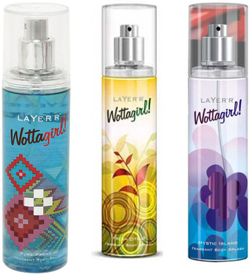 

LAYERR WOTTAGIRL MYSTIC ISLAND FRAGRANT BODY SPLASH + WOTTAGIRL PINK ANGEL FRAGRANT BODY SPLASH + WOTTAGIRL PURE PARADISE FRAGRANT BODY SPLASH Body Spray - For Women(135 ml, Pack of 3)