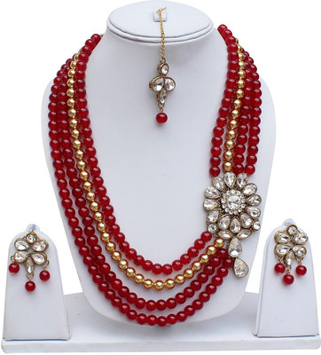 Lucky Jewellery Alloy Gold-plated Maroon Jewellery Set(Pack of 1)