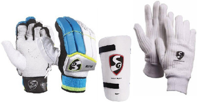 

SG Combo of two, one pair of 'Elite' (Lightweight) batting gloves, One 'Test' Elbow Guard and one pair of 'Tournament' inner gloves (Men's) (Color on availability)- Cricket Kit