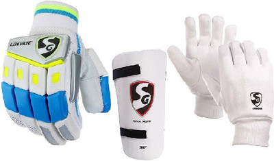 

SG Combo of three, one pair of 'Lite vate' (Lightweight) batting gloves, One 'Test' Elbow Guard and one pair of 'League' inner gloves (Men's) (Color on availability)- Cricket Kit