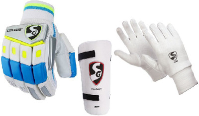

SG Combo of three, one pair of 'Litevate' (Lightweight) batting gloves, One 'Test' Elbow Guard and one pair of 'Club' inner gloves (Men's) (Color on availability)- Cricket Kit