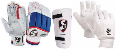 

SG Combo of three, one pair of 'Vs 319 Spark' (Lightweight) batting gloves, One 'Test' Elbow Guard and one pair of 'League' inner gloves (Men's) Cricket Kit