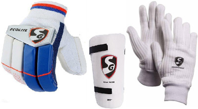 

SG combo of three, one pair of 'Ecolite' (Light Weight) Batting Gloves, One 'Test' Elbow Guard and one pair of 'Tournament' Inner Gloves (Men's) (Color On Availability)- Cricket Kit