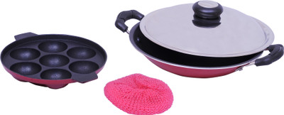 

Macclite Jodi Pack Non Stick Appachetty with lid and 7 Kulis Paniyarakkal Appachatty Pan 23 cm diameter with Lid(Aluminium, Non-stick), Red