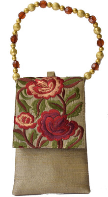 

Mahadev Exports Embroidered Flap Mobile Cover with Beaded Handle Mobile Pouch(Gold)