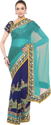 Aksaa Embroidered Fashion Faux Georgette Saree(Blue) Flipkart