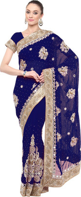 Aksaa Embellished Fashion Faux Georgette Saree(Blue) Flipkart