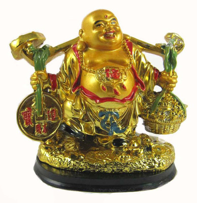 

estore VASTU FENG SHUI LAUGHING BUDDHA WITH INGOT AND LUCKY COIN WITH FOR HEALTH, WEALTH AND HAPPINESS Decorative Showpiece - 14 cm(Polyresin, Gold)