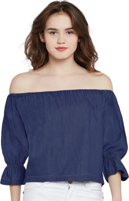 Miss Chase Casual 3/4 Sleeve Solid Women Blue Top