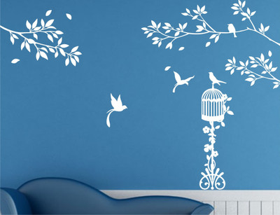 Heaven Decor1 97 cm Tree Branch with Bird Cage and Bird White Stickers Size( 59 x 97)cm Self Adhesive Sticker(Pack of 1)