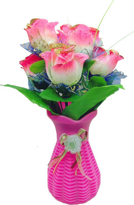

Random Artififical White and Pink Glitter Roses Plant with Pink Vase Multicolor Rose Artificial Flower with Pot(12 inch, Pack of 2)