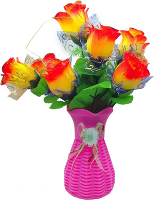 

Random Artififical Yellow and Orange Glitter Roses Plant with Pink Vase Multicolor Rose Artificial Flower with Pot(12 inch, Pack of 2)