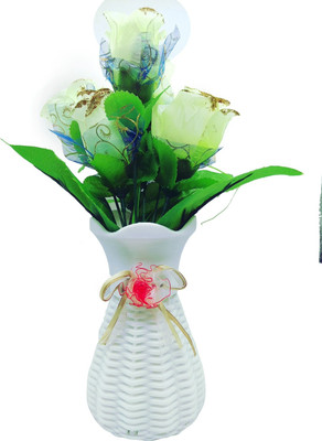 

Random Artififical Off White Glitter Roses Plant with White Vase Multicolor Rose Artificial Flower with Pot(12 inch, Pack of 2)
