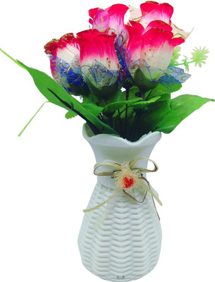 

Random Artififical White and Red Glitter Roses Plant with White Vase Multicolor Rose Artificial Flower with Pot(12 inch, Pack of 2)