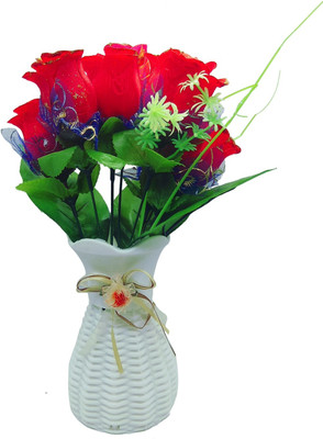 

Random Artififical Red Glitter Roses Plant with White Vase Multicolor Rose Artificial Flower with Pot(12 inch, Pack of 2)