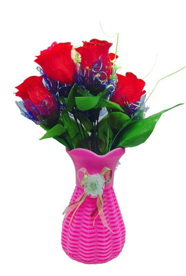 

Random Artififical Red Glitter Roses Plant with Pink Vase Multicolor Rose Artificial Flower with Pot(12 inch, Pack of 2)