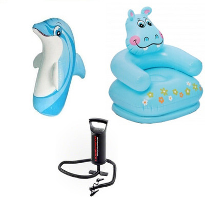 

DINAARKAN COMBO OF 3 FEET INFLATABLE HIT ME DOLPHIN AND 2.5 FEET INFLATABLE HIPPO CHAIR WITH AIR PUMP(Blue, Black), Black;blue