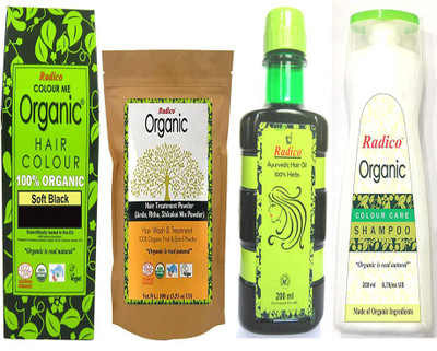 

Radico 100% Organic Soft Black With Hair Treatment & Ayurvedic Hair Oil And Organic Color Care Shampoo(Set of 4)