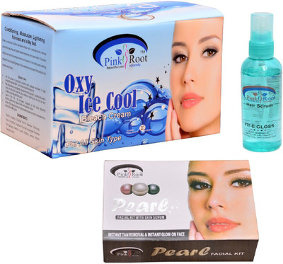 Pink Root Oxy Ice Cool Bleach Cream, Hair Serum, Pearl Facial Kit(Set of 3)