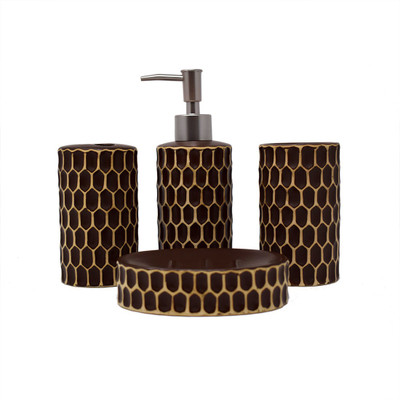 

Scrafts Hexagon Checks Brown 4 Pieces Ceramic Bathroom Set/Accessories-Dispenser, Toothbrush Holder, Tumbler & Soap Dish for Bathroom Décor. Ceramic Bathroom Set(Pack of 4)