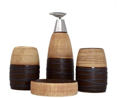 

Scrafts Criss Cross Brown 4 Pieces Ceramic Bathroom Set/Accessories-Dispenser, Toothbrush Holder, Tumbler & Soap Dish for Bathroom Décor. Ceramic Bathroom Set(Pack of 4)