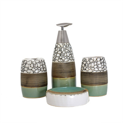 

Scrafts Marble look and stripes Green and White 4 Pieces Ceramic Bathroom Set/Accessories-Dispenser, Toothbrush Holder, Tumbler & Soap Dish for Bathroom Décor. Ceramic Bathroom Set(Pack of 4)