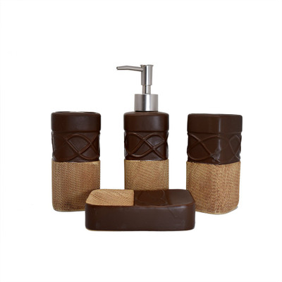 

Scrafts Plain and Lines Brown 4 Pieces Ceramic Bathroom Set/Accessories-Dispenser, Toothbrush Holder, Tumbler & Soap Dish for Bathroom Décor. Ceramic Bathroom Set(Pack of 4)