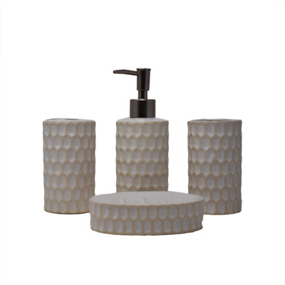 

Scrafts Hexagon Checks White 4 Pieces Ceramic Bathroom Set/Accessories-Dispenser, Toothbrush Holder, Tumbler & Soap Dish for Bathroom Décor. Ceramic Bathroom Set(Pack of 4)