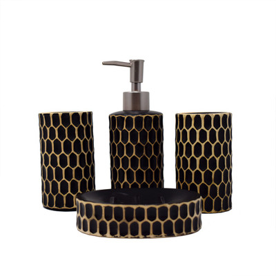 

Scrafts Hexagon Checks Black 4 Pieces Ceramic Bathroom Set/Accessories-Dispenser, Toothbrush Holder, Tumbler & Soap Dish for Bathroom Décor. Ceramic Bathroom Set(Pack of 4)