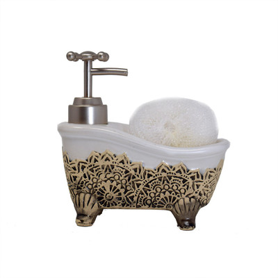 

Scrafts Ethnic Design Bathtub Shaped Cream/Lotion/Soap Dispenser With Loofah Bathroom/Lavatory set for Bathroom Décor. Ceramic Bathroom Set(Pack of 2)