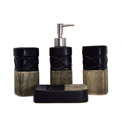 

Scrafts Plain and Lines Black 4 Pieces Ceramic Bathroom Set/Accessories-Dispenser, Toothbrush Holder, Tumbler & Soap Dish for Bathroom Décor. Ceramic Bathroom Set(Pack of 4)