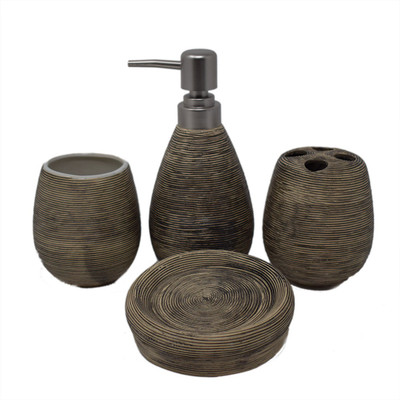 

Scrafts Layers Black and Cream 4 Pieces Ceramic Bathroom Set/Accessories-Dispenser, Toothbrush Holder, Tumbler & Soap Dish for Bathroom Décor. Ceramic Bathroom Set(Pack of 4)
