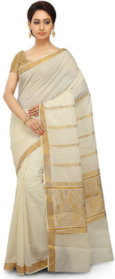 Selvamani Tex Solid/Plain Kasavu Cotton Blend Saree(Beige)