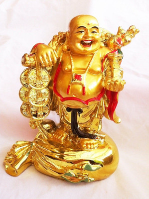 

shoppingmart Buy Golden Laughing Buddha on Sack of Gold for good luck. Decorative Showpiece - 9 cm(Bone China, Gold)