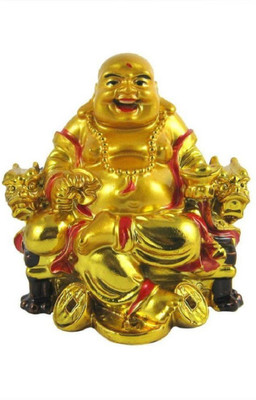 

shoppingmart Buy Golden Laughing Buddha on Dragon Chair for good luck. Decorative Showpiece - 7 cm(Bone China, Gold)
