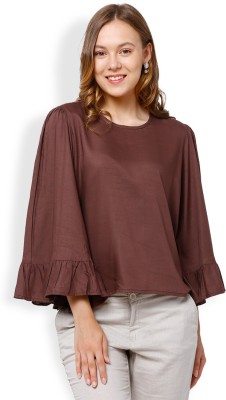 Tokyo Talkies Casual Bell Sleeve Solid Women Brown Top