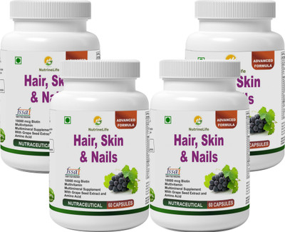 

NutrineLife Biotin 10000 mcg Hair Skin and Nail supplement with Multivitamin, Minerals, Grape seed extract and Amino acid supports hair growth, glowing skin and strong nail for men and women 60 Veg Capsules (Pack of 4)(60 No)