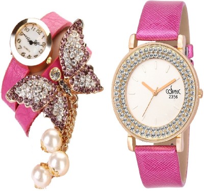 COSMIC PINK BRACELET BEAUTIFUL BUTTERFLY PENDENT with DIAMOND STUDDED AND GLAMOROUS DIVA ladies party wear Watch  - For Women   Watches  (COSMIC)