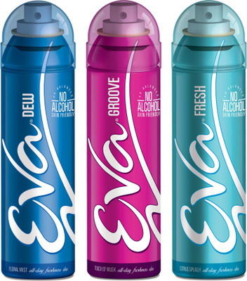 

EVA Deodorant Spray, Fresh, Groove & Dew ,125ml - Combo 3 Deodorant Spray - For Women(125 ml, Pack of 3)
