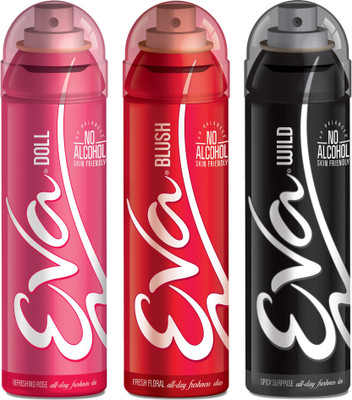 

EVA Deodorant Spray, Doll, Wild & Blush ,125ml - Combo 3 Deodorant Spray - For Women(125 ml, Pack of 3)