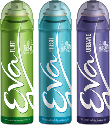 

EVA Deodorant Spray, Fresh, Flirt & Urbane ,125ml - Combo 3 Deodorant Spray - For Women(125 ml, Pack of 3)