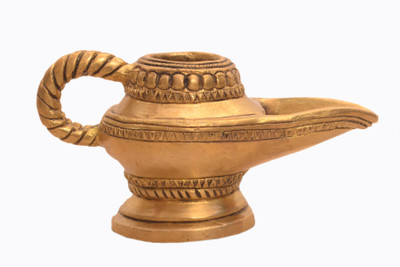 Purpledip Brass Lamp Anajli Holder: Magic Lamp Or Aladin's Chirag Shape Charan Amrit Vessel For Home Temple (10913) Brass Table Diya(Height: 3 inch)