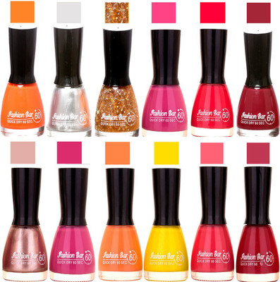 

Fashion Bar Orange,Silver,Golden,Voilet Puple,Tommato Red,Mauve,Pearl Pink,Voilet,Peach,Yellow,Sheer Pink,Dark Purple Nail polish Orange,Silver,Golden,Voilet Puple,Tommato Red,Mauve,Pearl Pink,Voilet,Peach,Yellow,Sheer Pink,Dark Purple(Pack of 12)